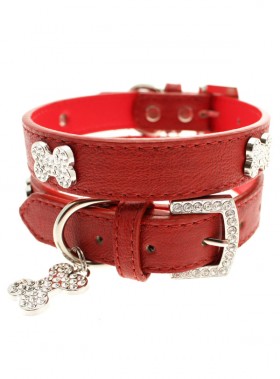 Urban Pup Red Leather Diamante  Collar