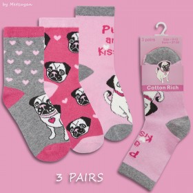 Girls Pack Of Three Pug Socks Size 6-8